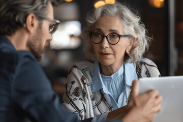 Senior businesswoman discussing strategy with younger male colleague in office