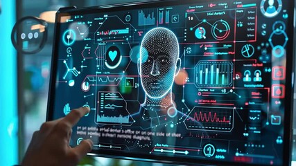 Aufkleber - An individual engages with a futuristic touchscreen displaying various health metrics, data analytics, and visual graphs in a sleek, contemporary setting.