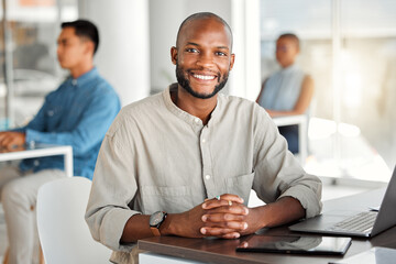 Wall Mural - Portrait, smile and man in office, laptop and confident for email campaigns, copywriter and employee. Proud, happy and person with computer for web content, digital and creative with ads for business