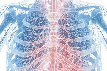 A translucent 3D rendering of the human lungs, showing the intricate network of blood vessels and bronchial tubes, as well as the ribcage.