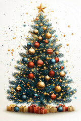 Aufkleber - A large Christmas tree with many ornaments and a star on top. The tree is surrounded by presents and gifts, giving the impression of a festive and joyful holiday season