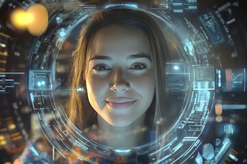 Wall Mural - innovative circular hud interface displaying data and information around the face of a happy busines