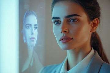 Wall Mural - businesswoman in a suit is observing her holographic face projected on a futuristic transparent scre
