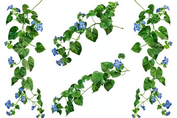 Wall Mural - Series of blue flowers with green leaves. The flowers are arranged in a way that creates a sense of movement and flow, as if they are dancing or swaying in the wind