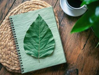 Wall Mural - Leaf is on top of a spiral notebook. The notebook is green and has a leaf on it