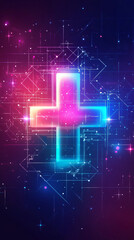 Aufkleber - Glowing cross is floating over a futuristic motherboard, symbolizing healthcare technology, innovation, and the digital transformation of medicine