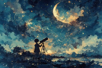 Wall Mural - a lone figure gazes at the night sky filled with stars, a crescent moon, and clouds, using a telesco