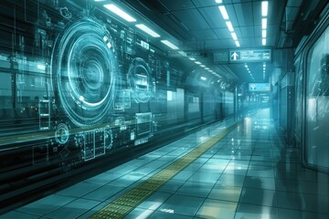 Wall Mural - a futuristic subway station with glowing blue technology.