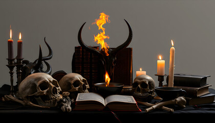 Satanic black magic ritual with fire. Animal skulls and candles. Antique magic books, bones, muhsrooms and bowl on the table. Witchcraft and occult concept isolated with white highlights, png