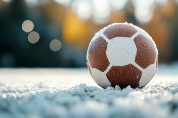 Football on snowy field in winter weather