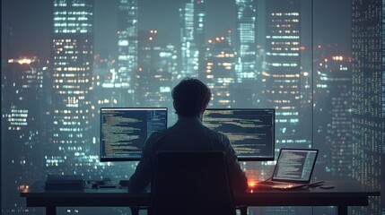A lone programmer working late at night in a high-rise office with a city skyline view.