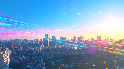 Poster - view of the Tokyo skyline, a cityscape with a blue sky and bright sunlight, digital light streaks in colorful lines across the landscape, representing data flow and connectivity Generative AI