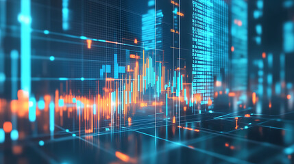 Leinwandbilder - a stock market graph going up, with houses on the bar graph, against a blue background, and an arrow pointing upwards Generative AI