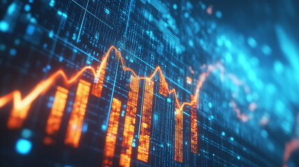 Aufkleber - a stock market graph going up, with houses on the bar graph, against a blue background, and an arrow pointing upwards Generative AI
