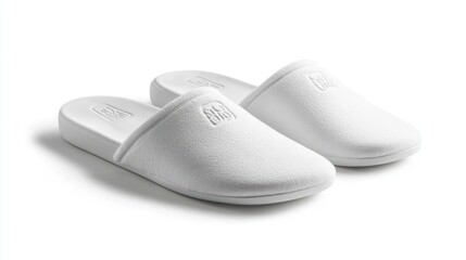 Elegant hotel-style slippers, white with subtle logo, on a white background