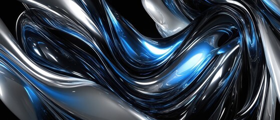 Abstract Blue and Silver Liquid Metal Swirls - 3D Rendered Background Image.