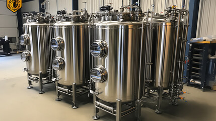 Poster - Stainless steel bioreactors in an industrial setting, used for bioprocessing and fermentation