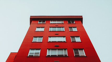 Aufkleber - Red apartment building against a clear sky with ample copy space, symbolizing property management and real estate opportunities
