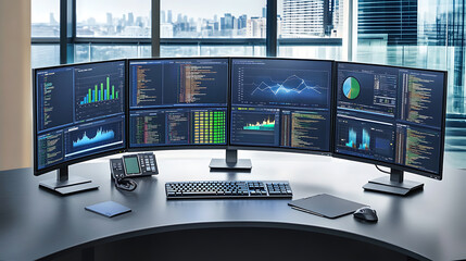 Poster - Professional analyzing network security data on multiple monitors in a high-tech environment