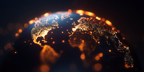 Wall Mural - global network lights glowing on digital earth globe, world data connectivity, gold on black backgro