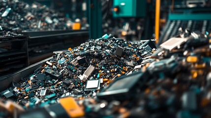 Poster - Industrial recycling facility with conveyor belts sorting electronic waste