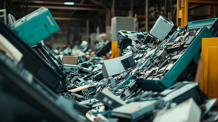 Poster - Industrial recycling facility with conveyor belts sorting electronic waste