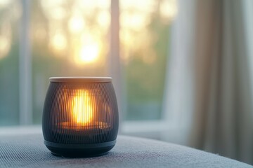 Wall Mural - A candle is lit in a glass jar on a table