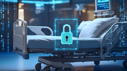 Poster - Hospital bed with digital lock symbolizing cybersecurity in healthcare