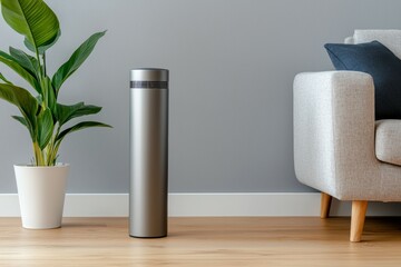 Wall Mural - A silver air purifier sits on a wooden floor next to a white potted plant