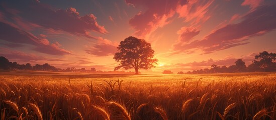 Wall Mural - Single tree in a field of golden wheat at sunset.