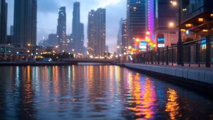 Wall Mural - Cityscape with Reflections in Water at Dusk.