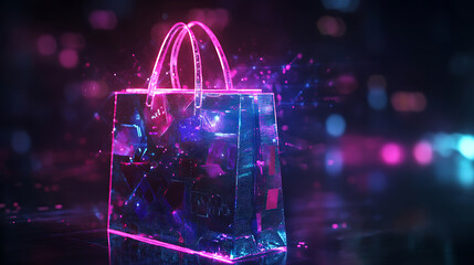Poster - Digital shopping bag with glowing tech elements, symbolizing e-commerce and online shopping
