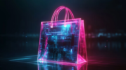 Leinwandbilder - Digital shopping bag with glowing tech elements, symbolizing e-commerce and online shopping