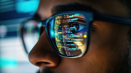 A close-up of a programmer's face concentrating on code displayed on a monitor, with layers of code and algorithms reflecting in their glasses. 