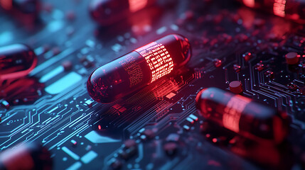 Poster - Digital pills on a circuit board symbolizing ai in medicine and drug development