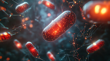 Fototapete - Digital pills and neural network representing pharmaceutical ai and drug discovery