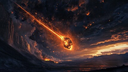 Wall Mural - a massive meteorite streaking through the sky, moments before impact, with fiery trails and an omino