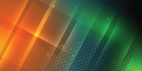 Wall Mural - Orange and green abstract background in vector illustration with glow and light effects, with parallel lines, bright geometric shape, design futuristic and elegant.
