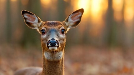 Wall Mural - A deer with big ears stares directly at the camera in a forest with a blurred sunset in the background.