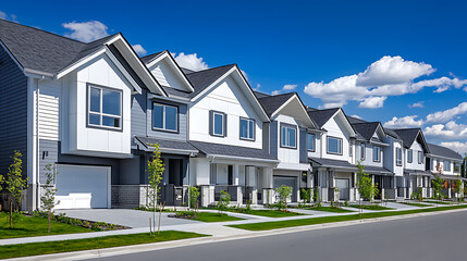 Poster - A row of modern townhouses with white walls and gray roofs against the blue sky on a sunny day Generative AI