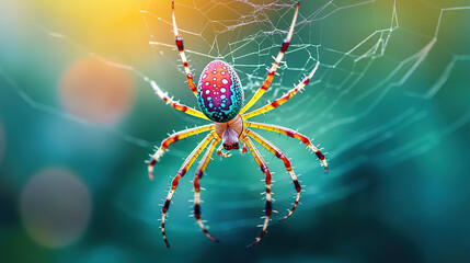 Colorful spider at the center of a web, beautiful background, blurred background, macro photography, photorealistic landscapes