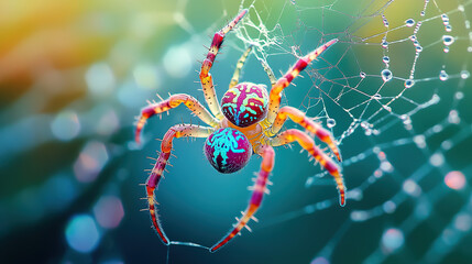 Colorful spider at the center of a web, beautiful background, blurred background, macro photography, photorealistic landscapes