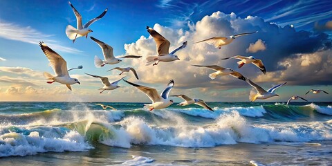 Wall Mural - Seagulls soaring over the sea with waves rolling ashore in the background, seagulls, birds, flying, ocean, sea, waves, shore