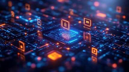 Wall Mural - Abstract digital illustration of a glowing circuit board with icons for cybersecurity, data protection, and digital security.