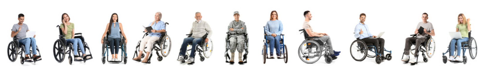 Set of many people in wheelchairs on white background