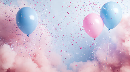 Poster - gender reveal spectacle billowing pastel blue and pink smoke clouds with floating balloons and shimmering confetti joyful celebration backdrop