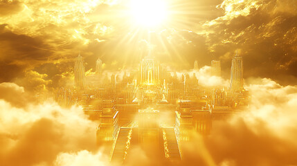 Leinwandbilder - celestial vision of new jerusalem ethereal golden city descending from heavens angelic light prophetic imagery divine architecture