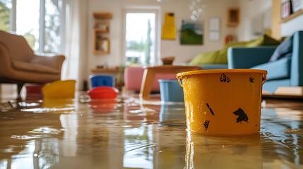 Fototapete - chaotic scene of water damage in a living room ceiling leak burst pipe strategically placed buckets distressed homeowners visible in background highlighting the urgency of the situation