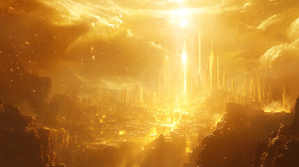 Fototapete - celestial vision of new jerusalem ethereal golden city descending from heavens angelic light prophetic imagery divine architecture