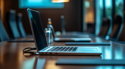 Poster - a laptop and a video projector on a conference room table